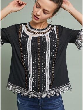 Anthropologie Vanessa Virginia Bonnie Eyelet Top | Black Boho Lace Blouse